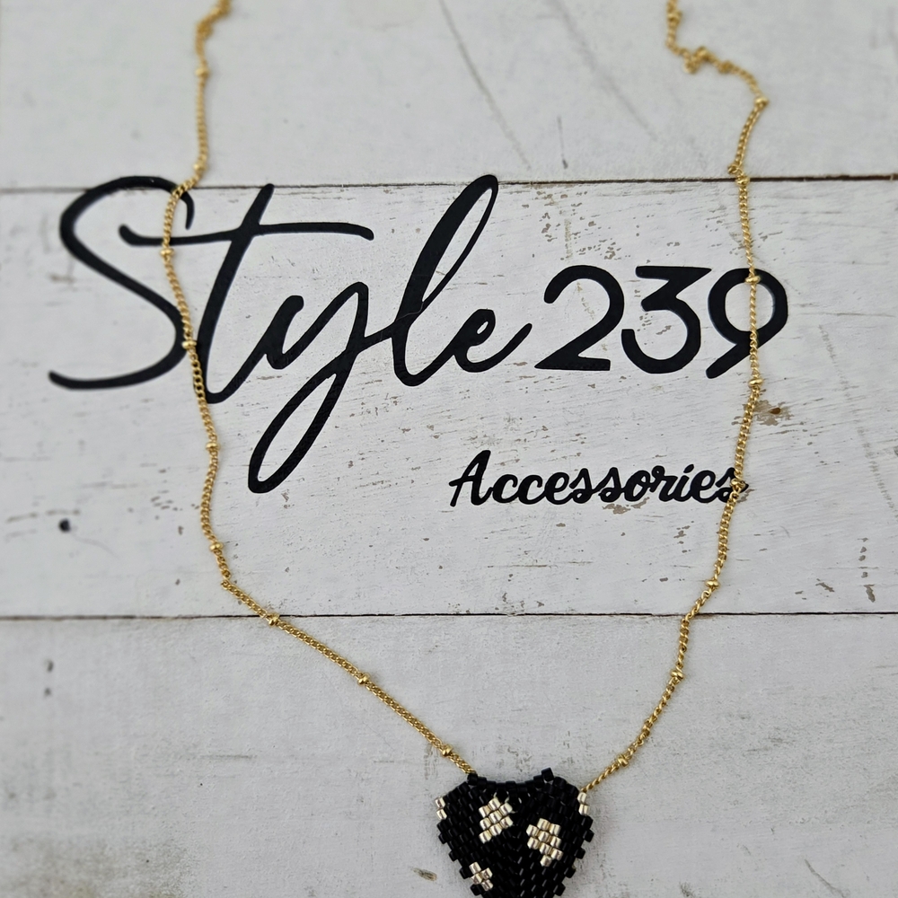 18kt Gold Plated Miyuki Gold Necklace with Black Heart Pendant